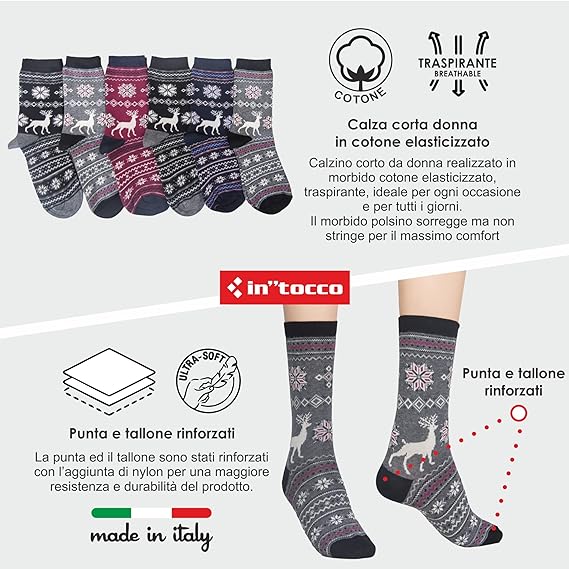 Calze Invernali Donna Fantasia Daino Natalizie (6 Paia) No Pilling Taglia unica - 3E52-DAINO-3541