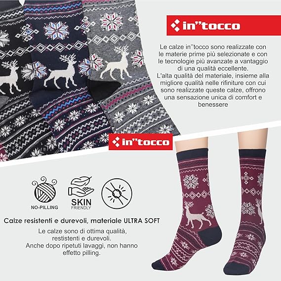 Calze Invernali Donna Fantasia Daino Natalizie (6 Paia) No Pilling Taglia unica - 3E52-DAINO-3541